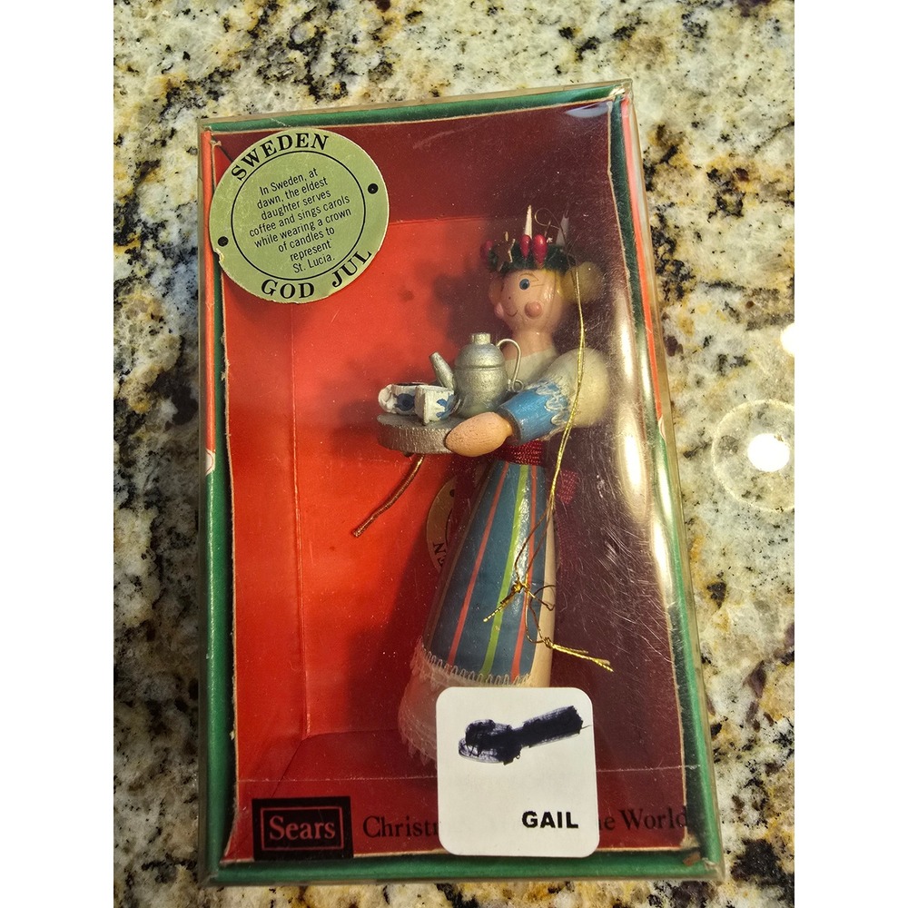 Vintage Sears Christmas Around the World Sweden St Lucia Wood Ornament God Jul